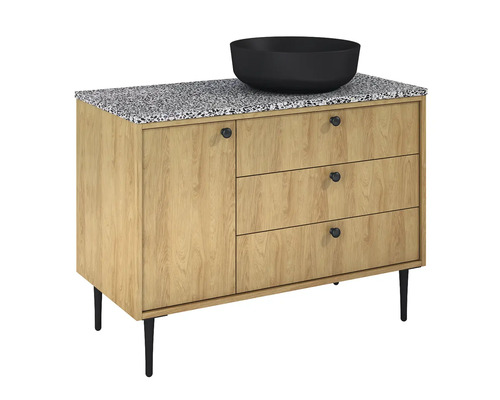 Umyvadlová skříňka s černým umyvadlem na desku, jedněmi dvířky a třemi zásuvkami