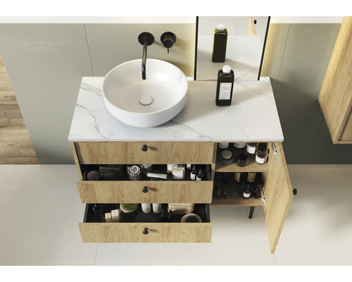 Koupelnová skříňka se zásuvkami, kamenná deska a umyvadlo na desku