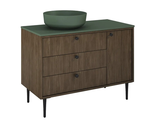 Skříňka pod umyvadlo se třemi zásuvkami, jedněmi dvířky a umyvadlem na desku