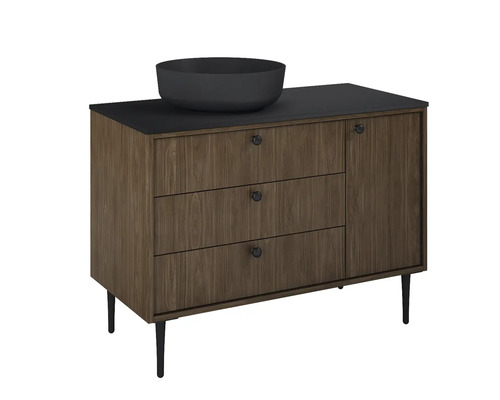 Skříňka pod umyvadlo se třemi zásuvkami, jedněmi dvířky a umyvadlem na desku