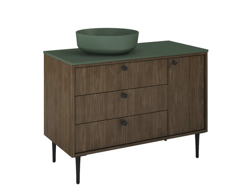 Skříňka pod umyvadlo se třemi zásuvkami, jedněmi dvířky a umyvadlem na desku