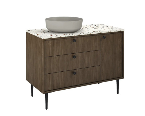 Skříňka pod umyvadlo se třemi zásuvkami, jedněmi dvířky a umyvadlem na desku