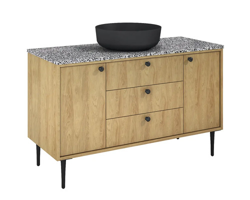 Skříňka pod umyvadlo s umyvadlem na desku, třemi zásuvkami a jedněmi dvířky