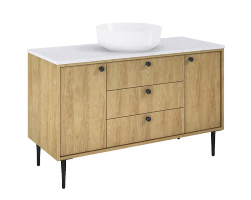 Umyvadlová skříňka s umyvadlem, dřevěná struktura, tři zásuvky a skříňka