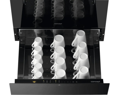 Otevřený ohřívač šálků s několika bílými šálky