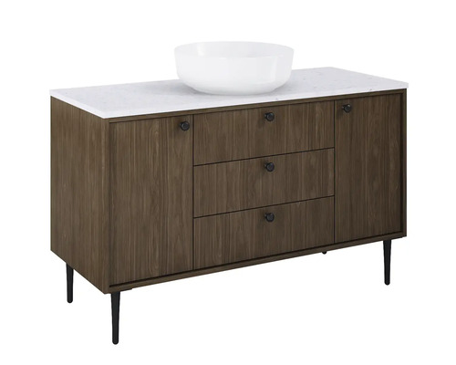 Skříňka pod umyvadlo se třemi zásuvkami, jedněmi dvířky, umyvadlem na desku a bílou deskou