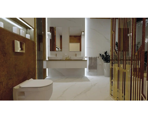 Moderní koupelna s nástěnným WC, umyvadlem a zrcadly