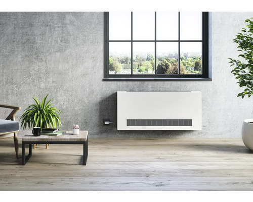 Moderní obývací pokoj s bílým radiátorem pod oknem