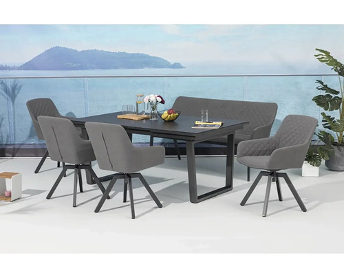 Jídelní sestava se stolem, lavicí a otočnými židlemi pro venkovní použití