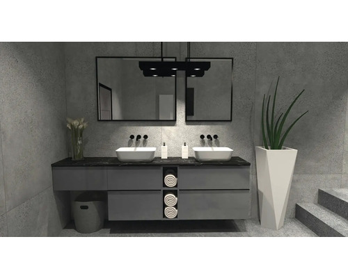 Moderní koupelna s dvojitým umyvadlem, zrcadly a šedým nábytkem