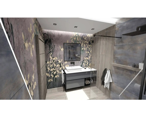 Moderní koupelna s umyvadlovou skříňkou, zrcadlem a sprchou