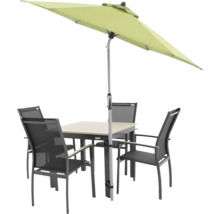 Zahradní nábytek se stolem, čtyřmi židlemi a slunečníkem