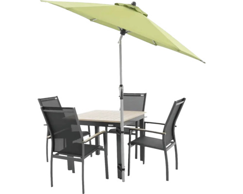 Zahradní nábytek se stolem, čtyřmi židlemi a slunečníkem