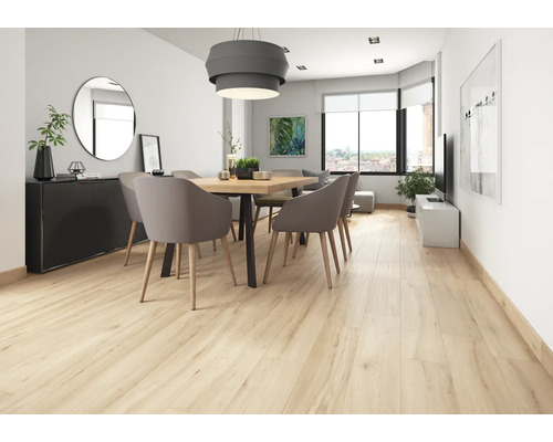 Světlý obývací pokoj s dřevěnou podlahou, jídelním stolem a židlemi