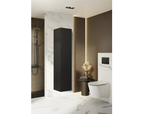 Moderní koupelna s černou vysokou skříní, sprchou a toaletou