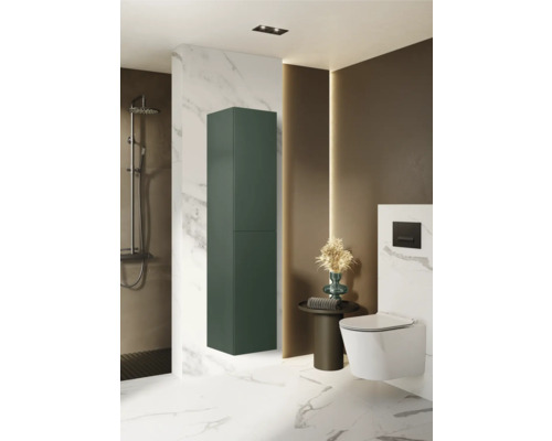 Koupelna se sprchou, toaletou a vysokou úzkou skříní