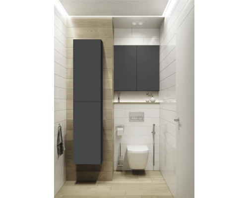 Moderní koupelna s toaletou, splachovací nádrží, umyvadlem a skříňkami