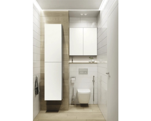 Moderní koupelna s toaletou, umyvadlem a úložným prostorem