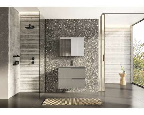 Moderní koupelna se sprchou, umyvadlovou skříňkou a zrcadlovou skříňkou