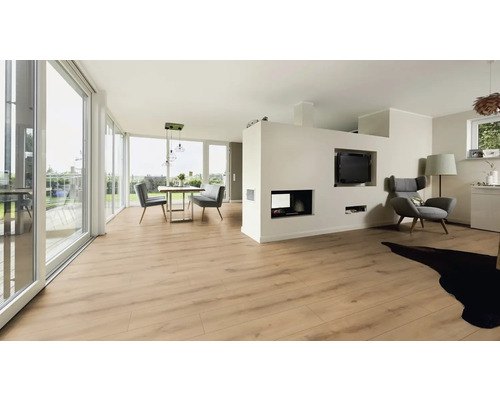 Světlý obývací pokoj s jídelním stolem, křesly, televizí a dřevěnou podlahou