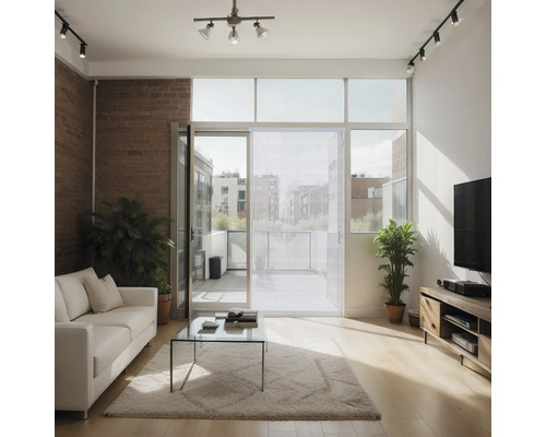 Obývací pokoj s pohovkou, stolem a balkonem