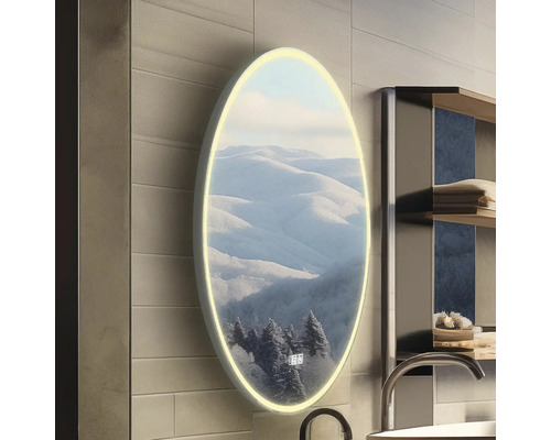 Oválné zrcadlo s integrovaným osvětlením a horským motivem do koupelny.