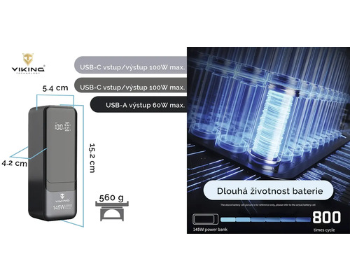 Powerbanka Viking s porty USB-C a USB-A, výkon 145 W