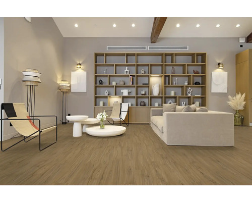 Světlý obývací pokoj s dřevěnou podlahou, knihovnou, pohovkou a křesly