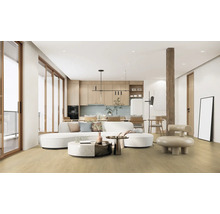 Světlý obývací pokoj s pohovkou, konferenčním stolkem, židlí a kuchyňským koutem.