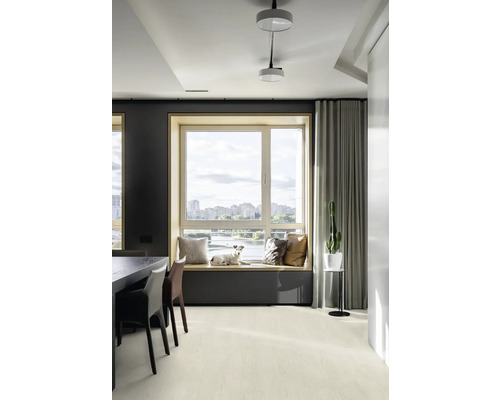 Světlý obývací pokoj s parapetem, polštáři a psem