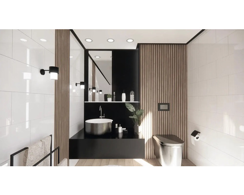 Moderní koupelna s umyvadlem, zrcadlem a toaletou