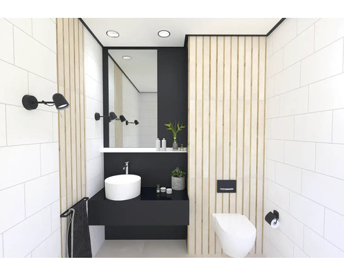 Moderní koupelna s umyvadlem, zrcadlem, nástěnnou lampou a toaletou