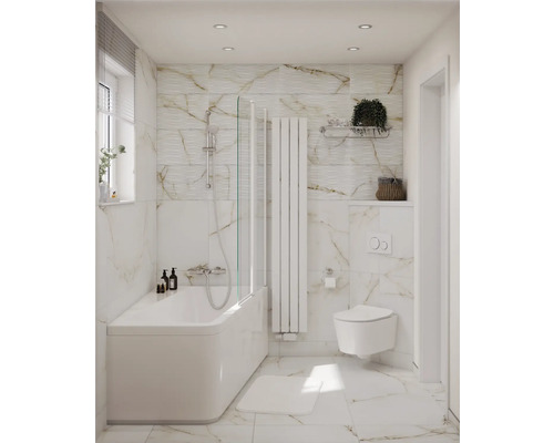 Světlá koupelna s vanou, sprchovou zástěnou, radiátorem, toaletou a mramorovými obklady