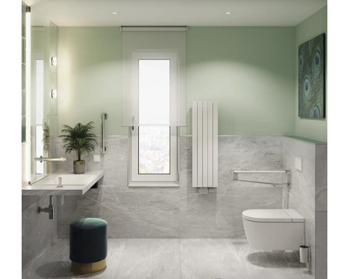 Bezbariérová koupelna s umyvadlem, toaletou s madly a topením