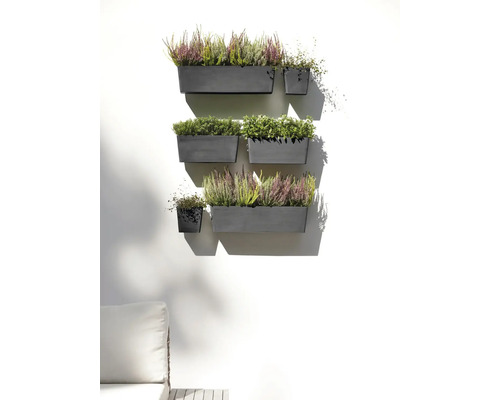 Stěna s osázenými truhlíky různých velikostí.