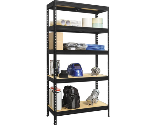 Černý regál pro velké zatížení s pěti policemi pro uložení různých předmětů