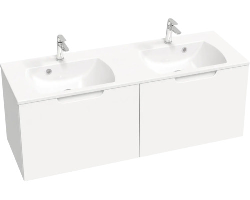 Skříňka pod umyvadlo se dvěma umyvadly a vodovodními bateriemi