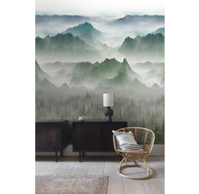 Obývací pokoj s tapetou krajiny, příborníky a ratanovým křeslem