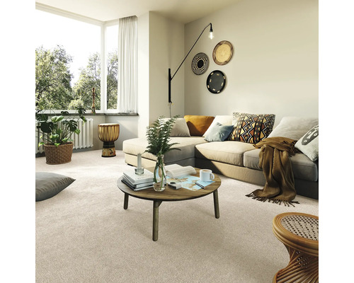 Obývací pokoj s kobercem, pohovkou, stolem a dekoracemi