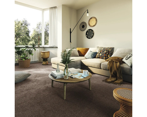 Obývací pokoj s hnědým kobercem, pohovkou, stolem a dekorací