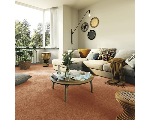 Obývací pokoj s kobercem, pohovkou, konferenčním stolkem a dekoracemi pro útulnou atmosféru