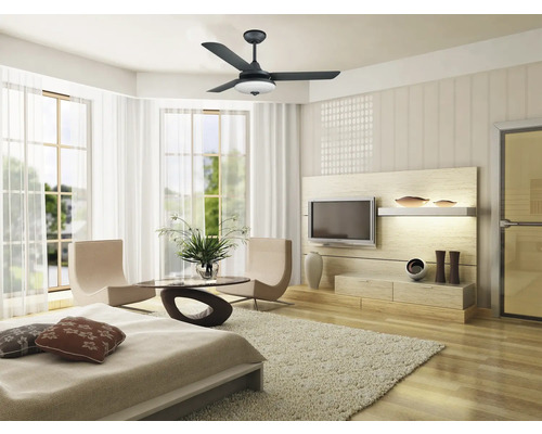 Světlý obývací pokoj se stropním ventilátorem, televizí a posezením