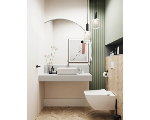 Světlá koupelna s umyvadlem, toaletou a dekorativními prvky