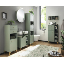 Koupelna s umyvadlem, zrcadlem, koupelnovými skříňkami a toaletou ve světlém a uspořádaném stylu.