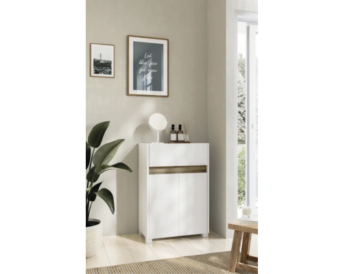 Moderní koupelna s bílou koupelnovou skříňkou se dvěma dvířky a zásuvkou