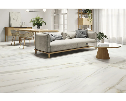 Světlý obývací pokoj s podlahovými dlaždicemi se vzhledem mramoru, pohovkou, stolem a židlemi.