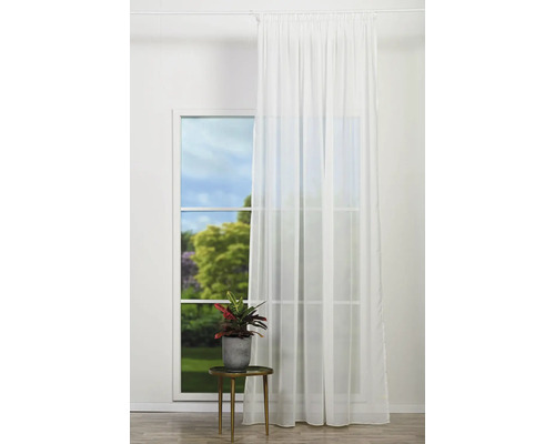 Okno s bílým průhledným závěsem, pokojová rostlina na odkládacím stolku