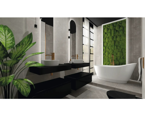 Světlá koupelna s dvojitým umyvadlem, volně stojící vanou a mechovou stěnou