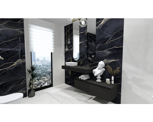 Koupelna s černým mramorem, umyvadlová skříňka s umyvadlem na desku, zrcadlo a okno