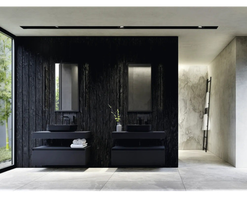 Koupelna se dvěma umyvadly, zrcadly a dřevěnou stěnou